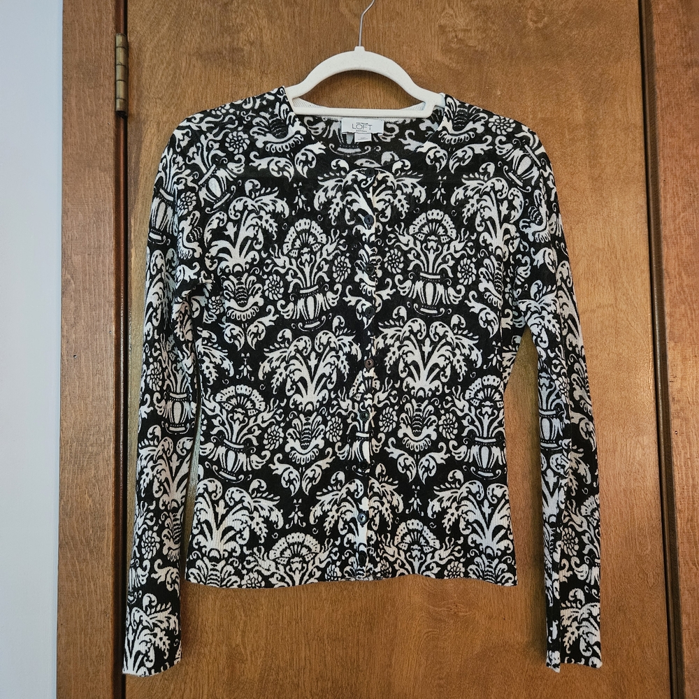 LOFT Petite Ornate Baroque Floral Black & Cream Lightweight Button Cardigan
